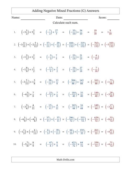 The Adding Negative Mixed Fractions with Denominators to Twelfths (G) Math Worksheet Page 2