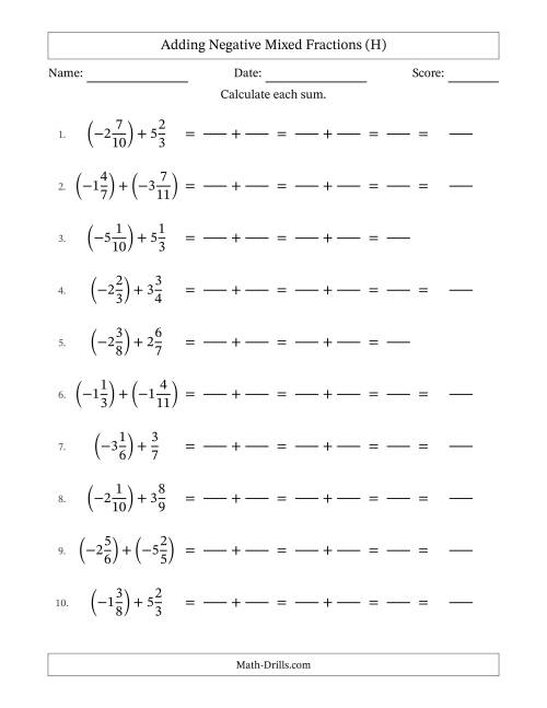 The Adding Negative Mixed Fractions with Unlike Denominators Up to Twelfths, Mixed Fraction Results and No Simplifying (Fillable) (H) Math Worksheet