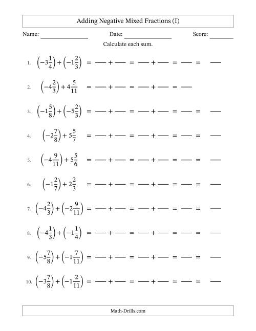 The Adding Negative Mixed Fractions with Unlike Denominators Up to Twelfths, Mixed Fraction Results and No Simplifying (Fillable) (I) Math Worksheet