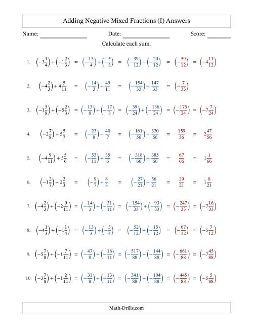 The Adding Negative Mixed Fractions with Unlike Denominators Up to Twelfths, Mixed Fraction Results and No Simplifying (Fillable) (I) Math Worksheet Page 2