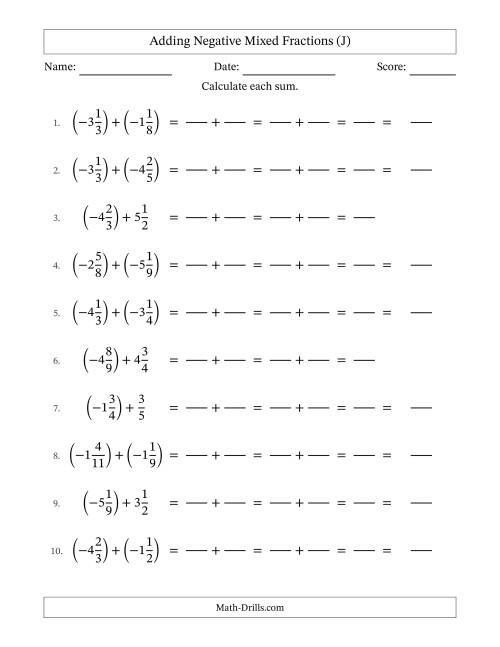 The Adding Negative Mixed Fractions with Unlike Denominators Up to Twelfths, Mixed Fraction Results and No Simplifying (Fillable) (J) Math Worksheet