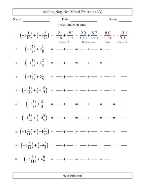 The Adding Negative Mixed Fractions with Unlike Denominators Up to Twelfths, Mixed Fraction Results and No Simplifying (Fillable) (All) Math Worksheet