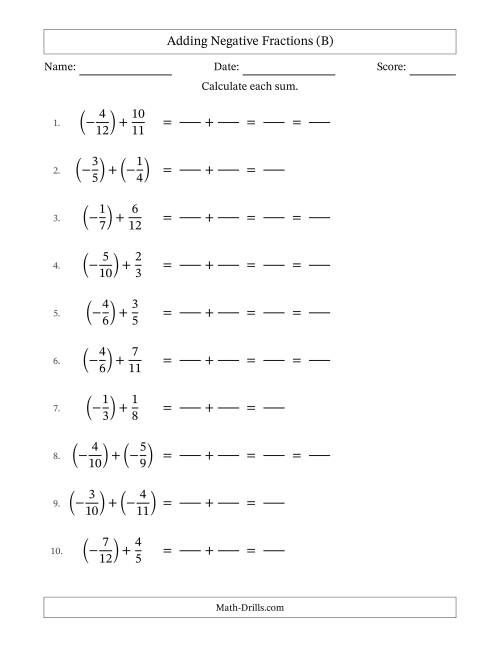 The Adding Negative Proper Fractions with Unlike Denominators Up to Twelfths, Proper Fraction Results and Some Simplifying (Fillable) (B) Math Worksheet