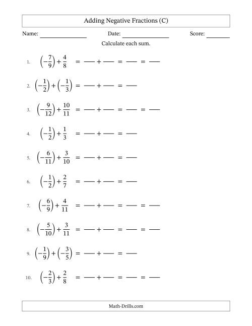 The Adding Negative Proper Fractions with Unlike Denominators Up to Twelfths, Proper Fraction Results and Some Simplifying (Fillable) (C) Math Worksheet