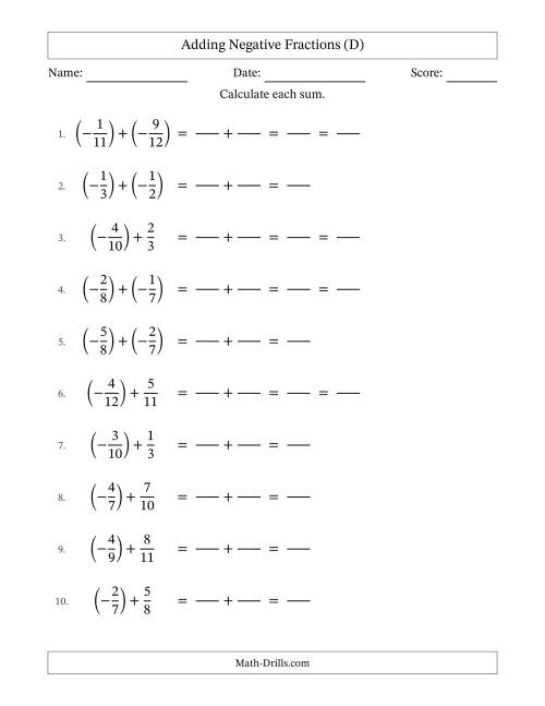 The Adding Negative Fractions with Denominators to Twelfths (D) Math Worksheet