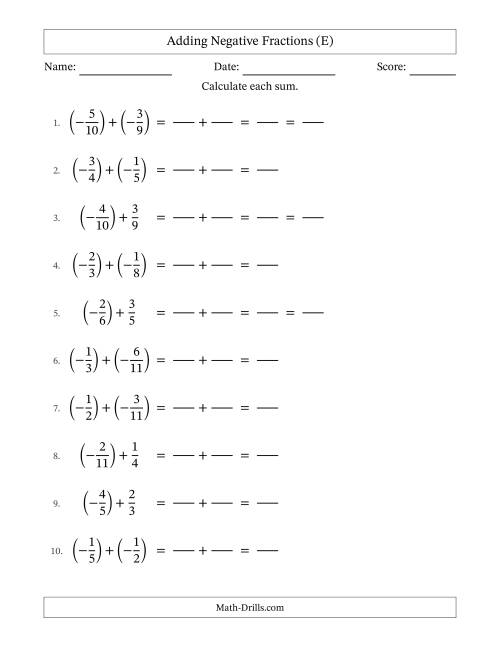 The Adding Negative Proper Fractions with Unlike Denominators Up to Twelfths, Proper Fraction Results and Some Simplifying (Fillable) (E) Math Worksheet