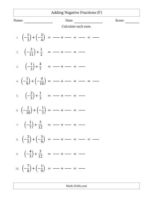 The Adding Negative Proper Fractions with Unlike Denominators Up to Twelfths, Proper Fraction Results and Some Simplifying (Fillable) (F) Math Worksheet