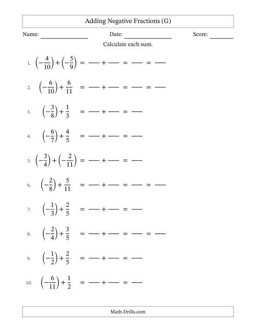 The Adding Negative Fractions with Denominators to Twelfths (G) Math Worksheet