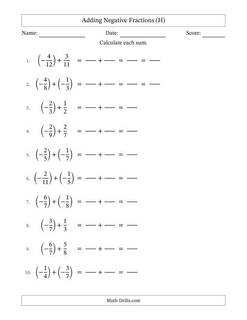 The Adding Negative Proper Fractions with Unlike Denominators Up to Twelfths, Proper Fraction Results and Some Simplifying (Fillable) (H) Math Worksheet