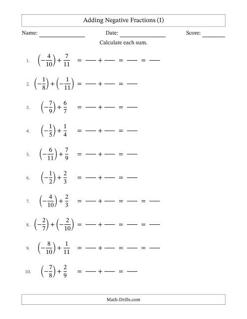 The Adding Negative Proper Fractions with Unlike Denominators Up to Twelfths, Proper Fraction Results and Some Simplifying (Fillable) (I) Math Worksheet