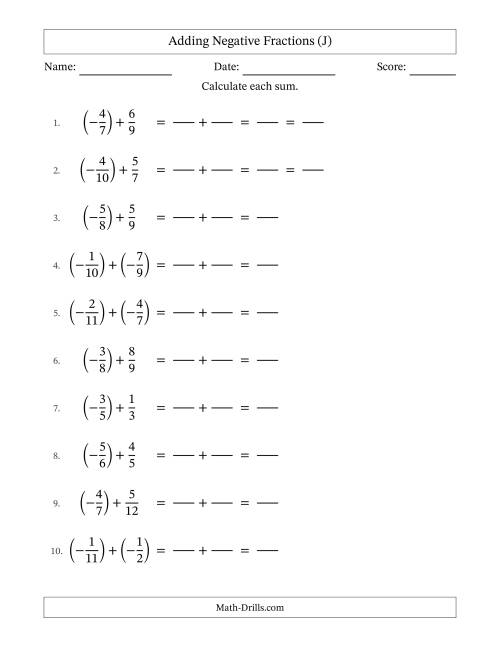 The Adding Negative Proper Fractions with Unlike Denominators Up to Twelfths, Proper Fraction Results and Some Simplifying (Fillable) (J) Math Worksheet