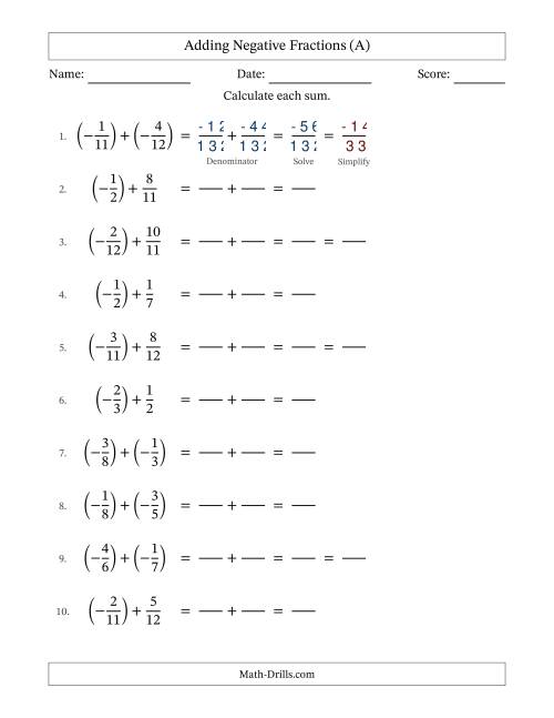 The Adding Negative Proper Fractions with Unlike Denominators Up to Twelfths, Proper Fraction Results and Some Simplifying (Fillable) (All) Math Worksheet