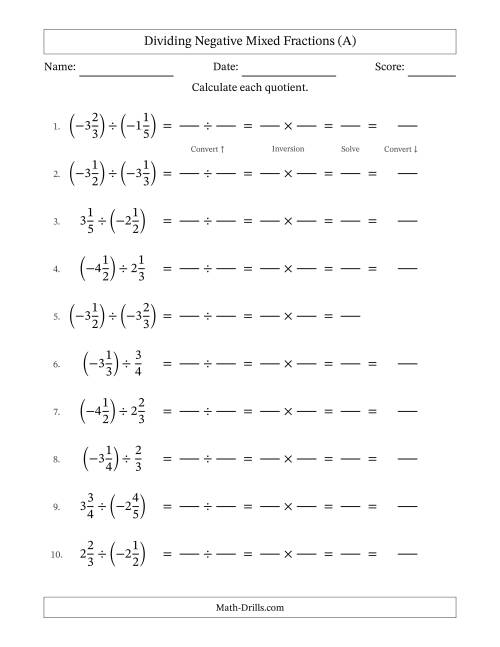 The Dividing Negative Mixed Fractions with Denominators Up to Sixths, Mixed Fractions Results and No Simplifying (Fillable) (A) Math Worksheet