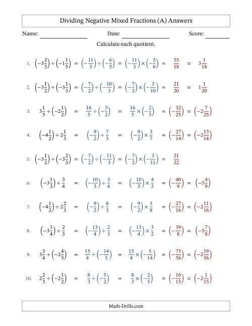 The Dividing Negative Mixed Fractions with Denominators Up to Sixths, Mixed Fractions Results and No Simplifying (Fillable) (A) Math Worksheet Page 2