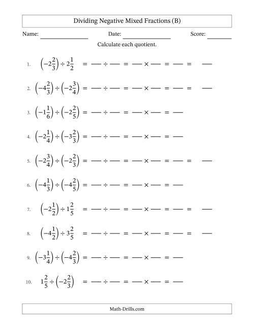The Dividing Negative Mixed Fractions with Denominators Up to Sixths, Mixed Fractions Results and No Simplifying (Fillable) (B) Math Worksheet