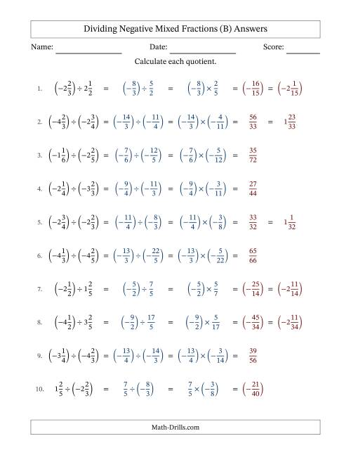 The Dividing Negative Mixed Fractions with Denominators Up to Sixths, Mixed Fractions Results and No Simplifying (Fillable) (B) Math Worksheet Page 2