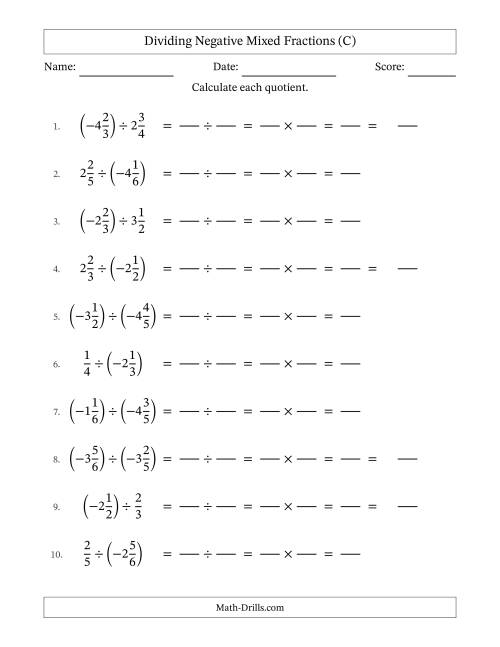 The Dividing Negative Mixed Fractions with Denominators Up to Sixths, Mixed Fractions Results and No Simplifying (Fillable) (C) Math Worksheet