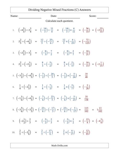 The Dividing Negative Mixed Fractions with Denominators Up to Sixths, Mixed Fractions Results and No Simplifying (Fillable) (C) Math Worksheet Page 2