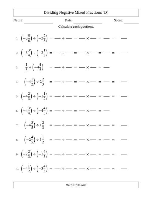The Dividing Negative Mixed Fractions with Denominators to Sixths (D) Math Worksheet