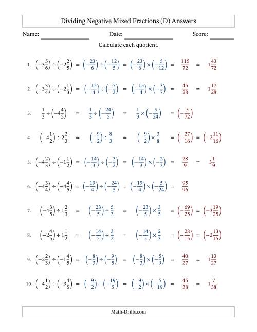 The Dividing Negative Mixed Fractions with Denominators Up to Sixths, Mixed Fractions Results and No Simplifying (Fillable) (D) Math Worksheet Page 2