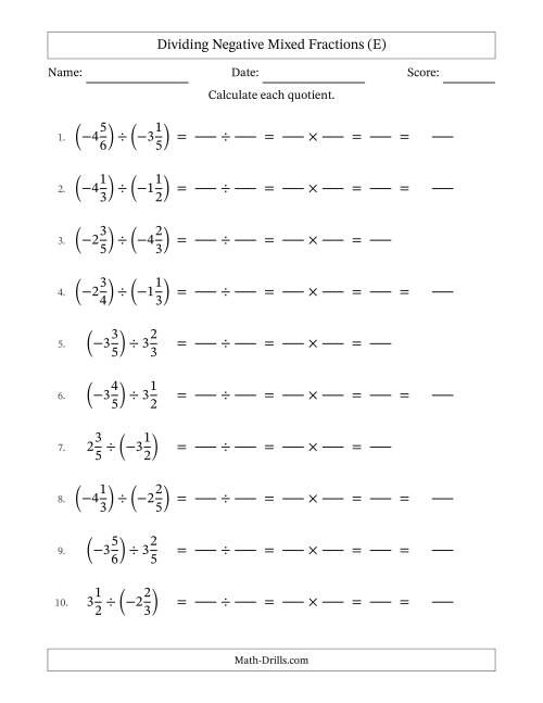 The Dividing Negative Mixed Fractions with Denominators to Sixths (E) Math Worksheet
