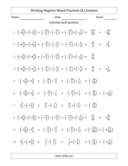 The Dividing Negative Mixed Fractions with Denominators Up to Sixths, Mixed Fractions Results and No Simplifying (Fillable) (E) Math Worksheet Page 2