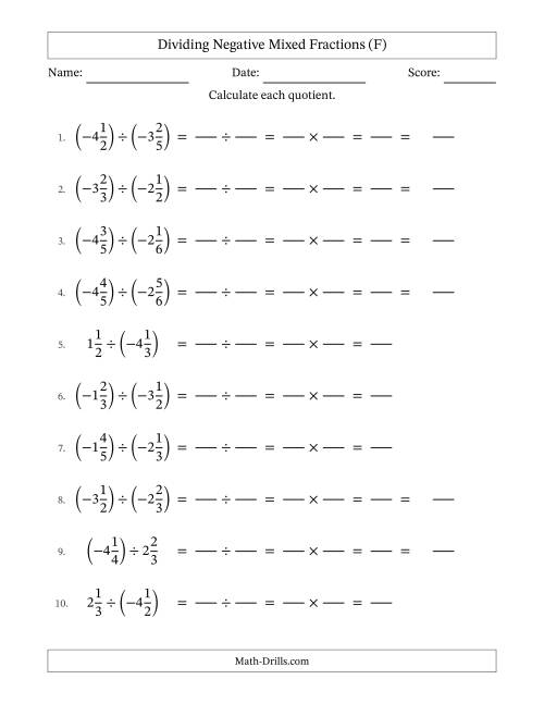 The Dividing Negative Mixed Fractions with Denominators Up to Sixths, Mixed Fractions Results and No Simplifying (Fillable) (F) Math Worksheet