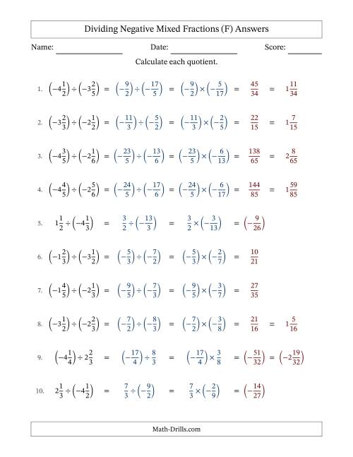 The Dividing Negative Mixed Fractions with Denominators Up to Sixths, Mixed Fractions Results and No Simplifying (Fillable) (F) Math Worksheet Page 2