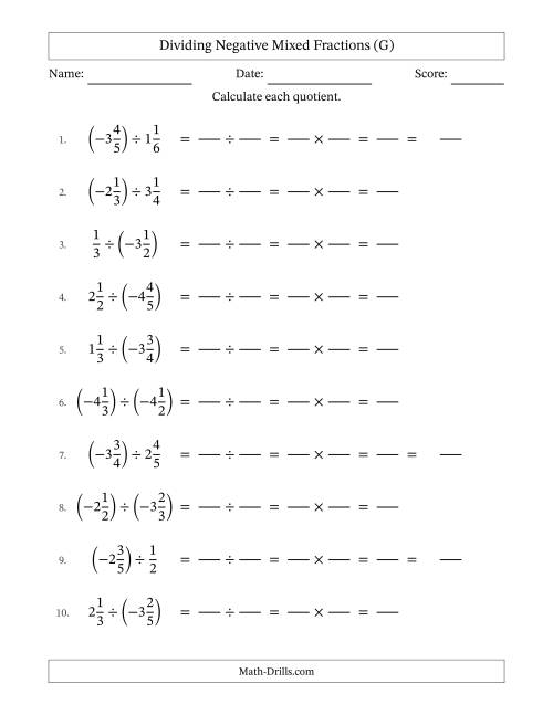 The Dividing Negative Mixed Fractions with Denominators Up to Sixths, Mixed Fractions Results and No Simplifying (Fillable) (G) Math Worksheet