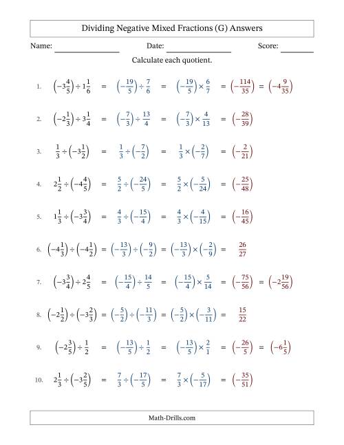 The Dividing Negative Mixed Fractions with Denominators Up to Sixths, Mixed Fractions Results and No Simplifying (Fillable) (G) Math Worksheet Page 2