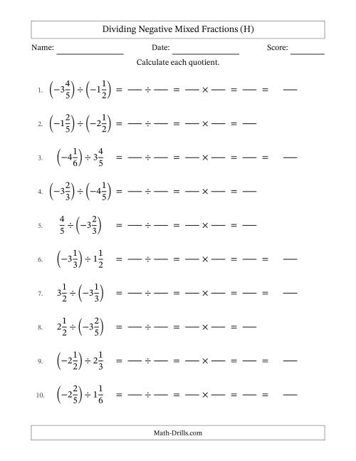 The Dividing Negative Mixed Fractions with Denominators Up to Sixths, Mixed Fractions Results and No Simplifying (Fillable) (H) Math Worksheet