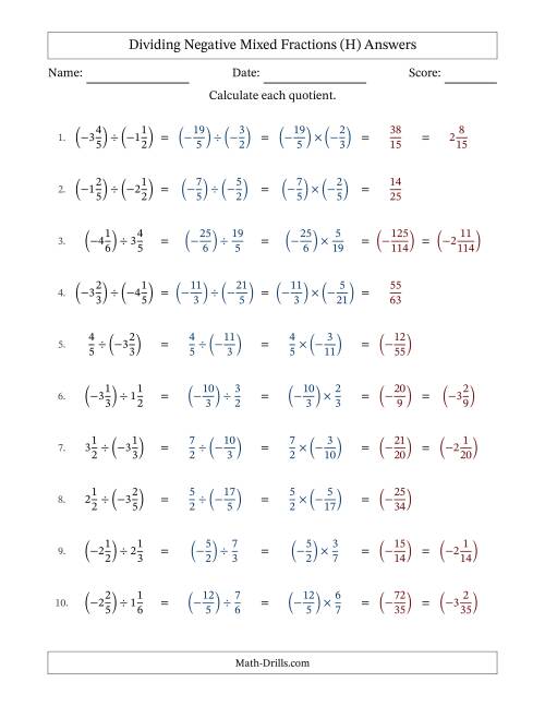 The Dividing Negative Mixed Fractions with Denominators Up to Sixths, Mixed Fractions Results and No Simplifying (Fillable) (H) Math Worksheet Page 2