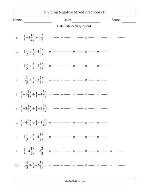 The Dividing Negative Mixed Fractions with Denominators Up to Sixths, Mixed Fractions Results and No Simplifying (Fillable) (I) Math Worksheet