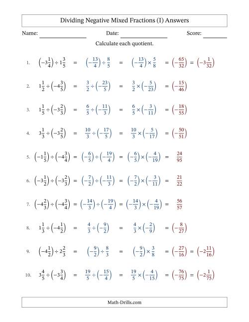 The Dividing Negative Mixed Fractions with Denominators Up to Sixths, Mixed Fractions Results and No Simplifying (Fillable) (I) Math Worksheet Page 2