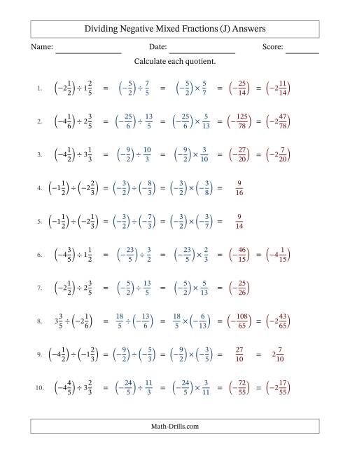 The Dividing Negative Mixed Fractions with Denominators Up to Sixths, Mixed Fractions Results and No Simplifying (Fillable) (J) Math Worksheet Page 2