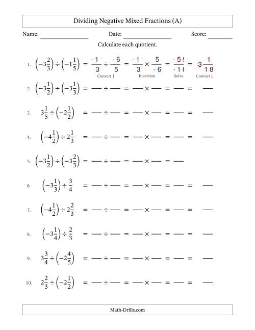The Dividing Negative Mixed Fractions with Denominators to Sixths (All) Math Worksheet