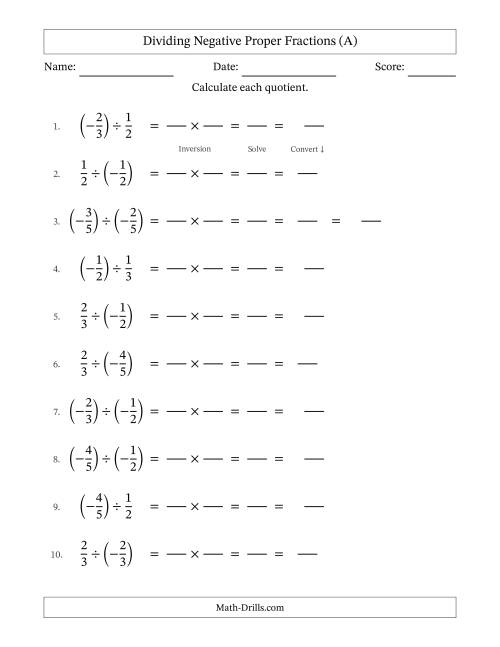 The Dividing Negative Proper Fractions with Denominators Up to Sixths, Mixed Fractions Results and Some Simplifying (Fillable) (A) Math Worksheet