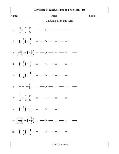 The Dividing Negative Fractions with Denominators to Sixths (B) Math Worksheet