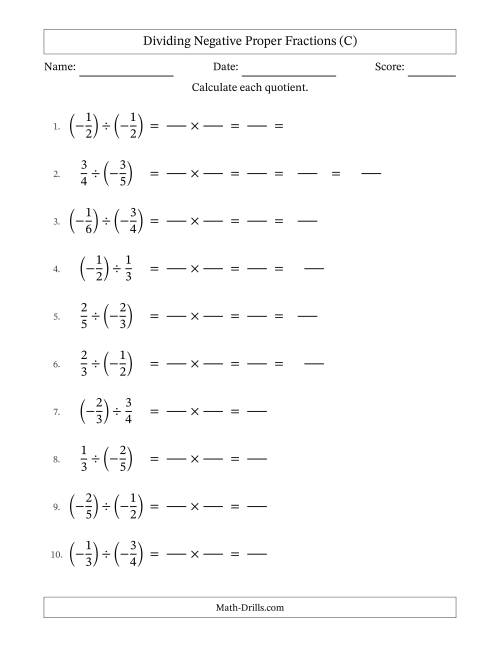 The Dividing Negative Proper Fractions with Denominators Up to Sixths, Mixed Fractions Results and Some Simplifying (Fillable) (C) Math Worksheet