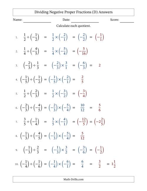 The Dividing Negative Proper Fractions with Denominators Up to Sixths, Mixed Fractions Results and Some Simplifying (Fillable) (D) Math Worksheet Page 2
