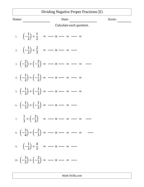 The Dividing Negative Proper Fractions with Denominators Up to Sixths, Mixed Fractions Results and Some Simplifying (Fillable) (E) Math Worksheet
