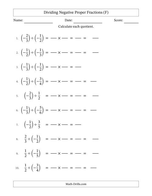 The Dividing Negative Proper Fractions with Denominators Up to Sixths, Mixed Fractions Results and Some Simplifying (Fillable) (F) Math Worksheet