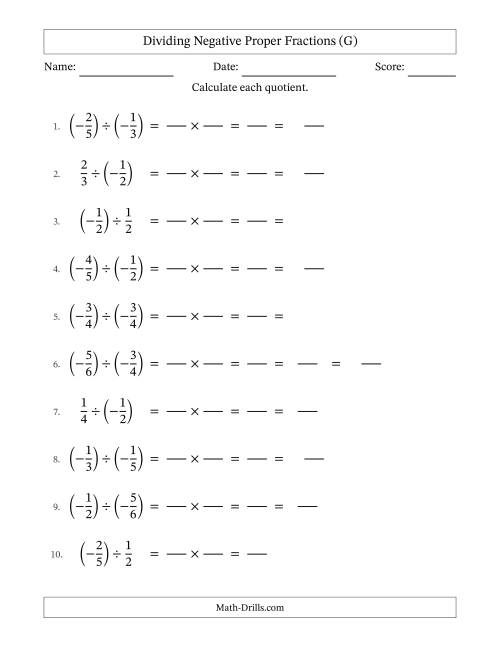 The Dividing Negative Fractions with Denominators to Sixths (G) Math Worksheet