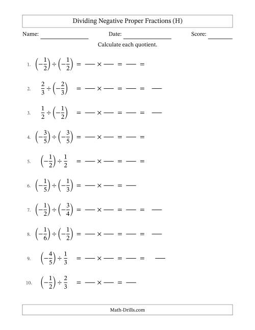 The Dividing Negative Proper Fractions with Denominators Up to Sixths, Mixed Fractions Results and Some Simplifying (Fillable) (H) Math Worksheet