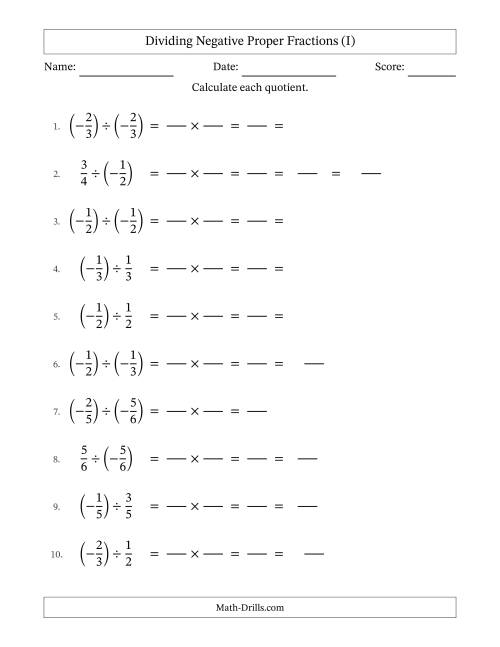 The Dividing Negative Proper Fractions with Denominators Up to Sixths, Mixed Fractions Results and Some Simplifying (Fillable) (I) Math Worksheet