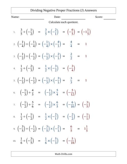 The Dividing Negative Proper Fractions with Denominators Up to Sixths, Mixed Fractions Results and Some Simplifying (Fillable) (J) Math Worksheet Page 2
