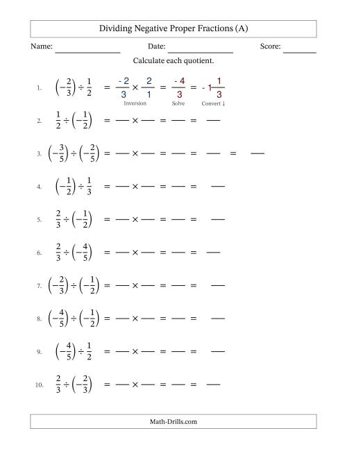 The Dividing Negative Fractions with Denominators to Sixths (All) Math Worksheet