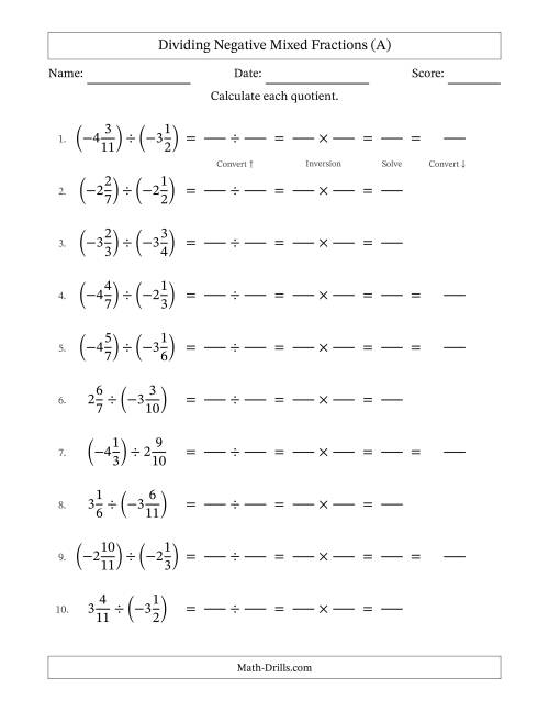 The Dividing Negative Mixed Fractions with Denominators Up to Twelfths, Mixed Fractions Results and No Simplifying (Fillable) (A) Math Worksheet