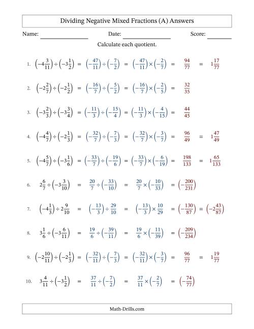 The Dividing Negative Mixed Fractions with Denominators Up to Twelfths, Mixed Fractions Results and No Simplifying (Fillable) (A) Math Worksheet Page 2