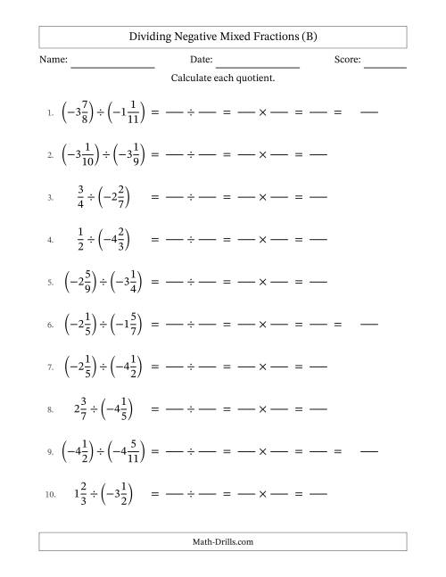 The Dividing Negative Mixed Fractions with Denominators Up to Twelfths, Mixed Fractions Results and No Simplifying (Fillable) (B) Math Worksheet